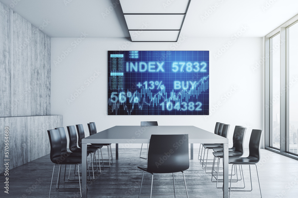 Abstract financial graph on tv display in a modern presentation room, finance and trading concept. 3D Rendering