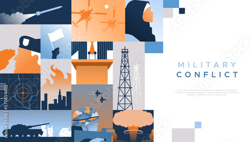 Military conflict flat cartoon mosaic web template illustration of army combat and international government crisis concepts. Includes middle east woman, attack helicopter, oil tower and missile bomb.