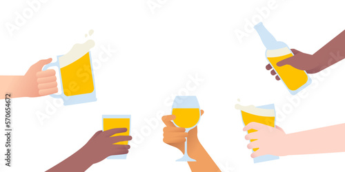 Friends party event illustration of friend group drinking alcohol or juice drink together. Diverse people hands holding glass for celebration, invitation or web background.