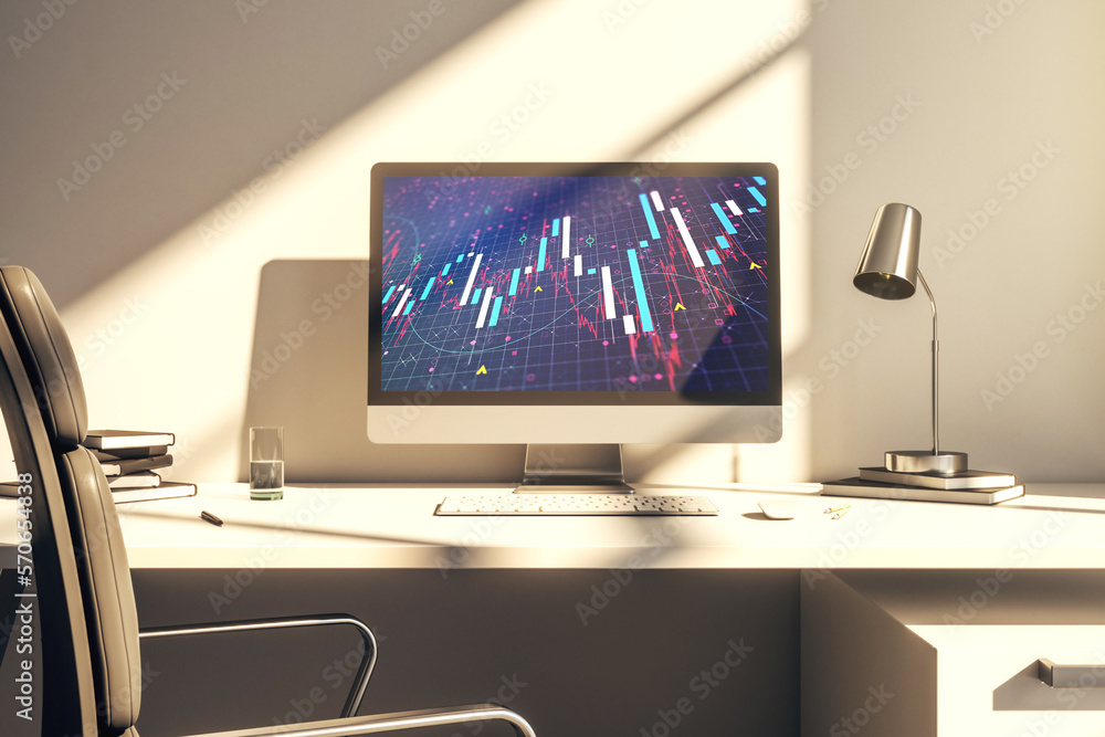 Modern computer display with abstract financial graph, financial and trading concept. 3D Rendering Modern computer display with abstract financial graph, financial and trading concept. 3D Rendering