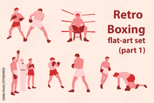 60s, body, boxing, boxing gloves, clinch, corner, fall, fight, fighting stance, flat, flat art, flat people, glove, health, hook, illustration, jab, knockdown, knockout, male, man, referee, rsport