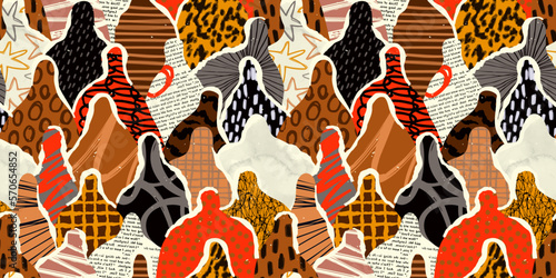 Diverse black people crowd abstract art seamless pattern. Ethnic community texture, big diversity group background illustration in modern graffiti painting style. African american population concept.