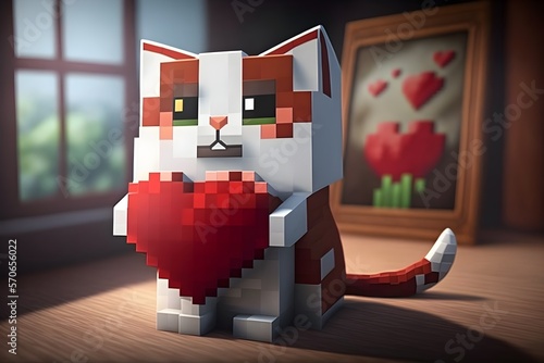 Cute kitten holding a heart in the style of minecraft
