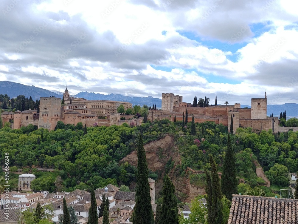 view from albaicin of The Alhambra palace and fortress complex in Granada, Andalusia, Spain