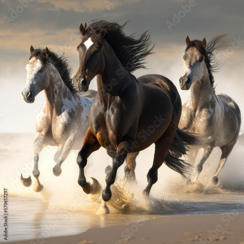 Wild horses running on a beach. Ai generated