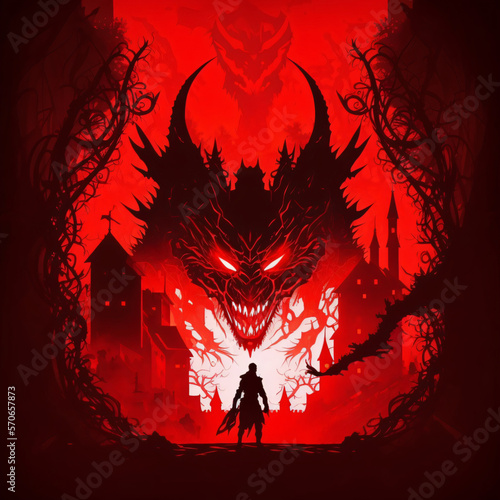 a silhouette of a knight fighting a demon vector style art illustration poster in red and black colors Generative Ai