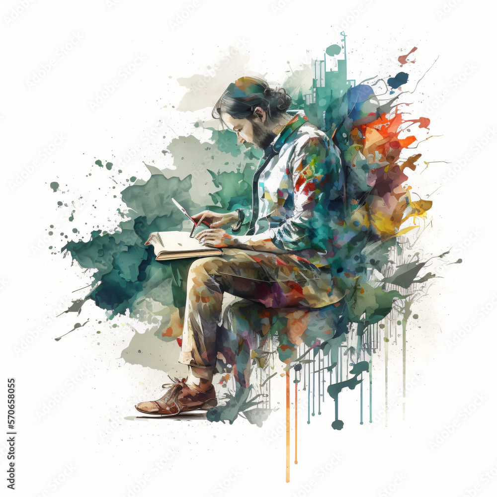 a writer writing on a notebook watercolor painting isolated on a white background Generative Ai