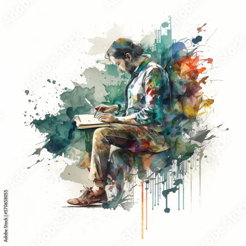 Obraz na płótnie a writer writing on a notebook watercolor painting isolated on a white background Generative Ai w salonie
