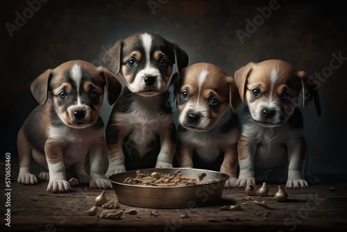 A group of beautiful puppy dogs ready to eat their food accompanied with their mother, in beautiful classic style illustration, generative ai