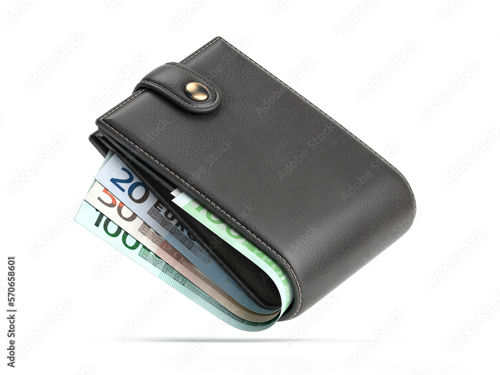 Purse or wallet with money euro bills isolated on white. - obrazy, fototapety, plakaty 