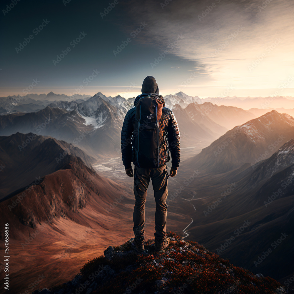 hiker at the top of a mountain looking at the landscape from the summit. Generative Ai