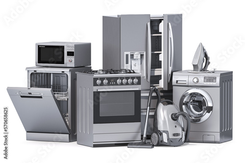Home appliances. Household kitchen technics isolated on white background. Fridge, dishwasher, gas cooker, microwave oven, washing machine vacuum cleaner air conditioneer and iron. photo