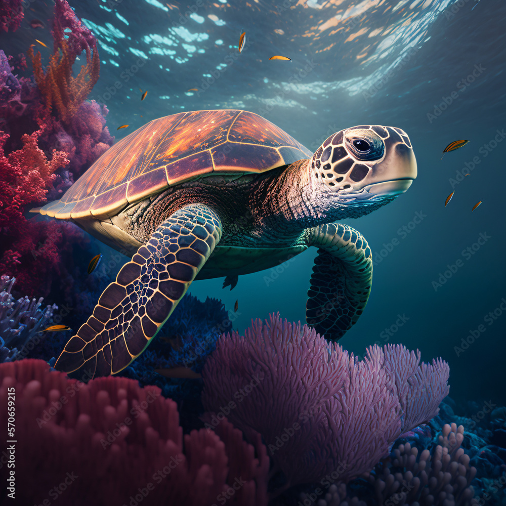Obraz premium a green sea turtle swimming underwater next to a coral reef. a close up portrait of a green sea turtle underwater. Generative Ai
