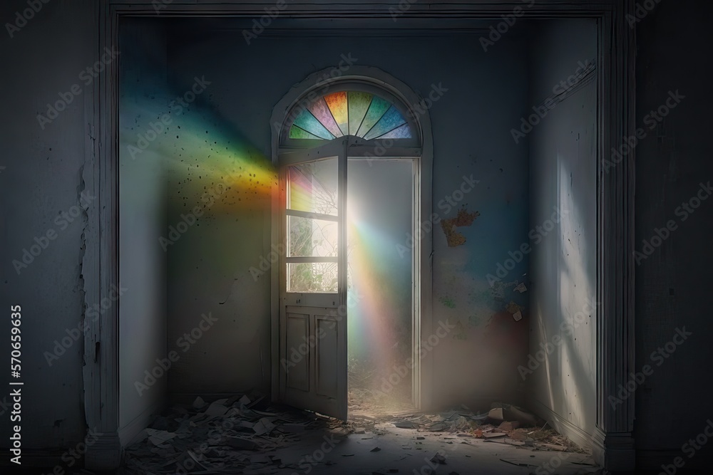 A Window of hope, represented with an intense multicolor light entering from a window, seen from inside a deteriorated and broken room, inviting to see outside for answers and clarity, generative ai