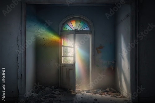 A Window of hope  represented with an intense multicolor light entering from a window  seen from inside a deteriorated and broken room  inviting to see outside for answers and clarity  generative ai