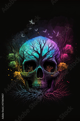 human skull in the dark with trees and colors