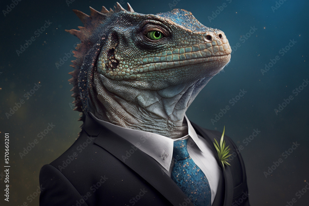 Realistic illustration of a man in formal suit with Iguana head on a stellar background, digital art, realism, short medium shot. Realistic illustration of a man in formal suit with Iguana head on a stellar background, digital art, realism, short medium shot.
