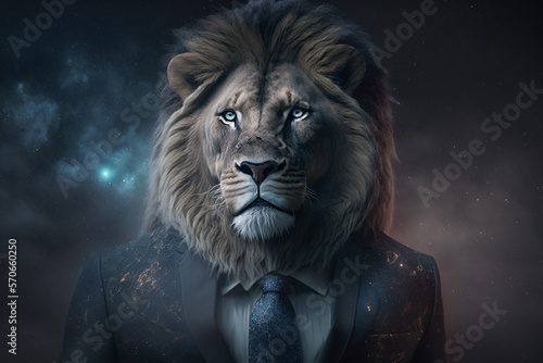 Realistic illustration of a man in formal suit with Tiger head on a starry background  digital art  realism  short medium shot.