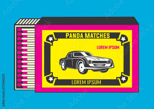 vintage car icon. illustration in Matchbox and matches vector illustration. Vintage and antique matchbox packaging design illustration. retro style packaging. old style design. open box and template.