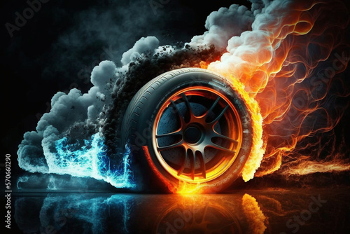 Black color tires the car with a great profile that illuminates the smoke,  Generative AI	 photo