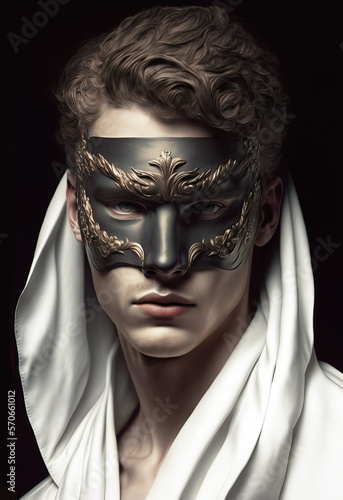 Illustration of a handsome young man dressed with a Venetian mask and costume from seventeenth-century for a carnival party in Venice. Carnival elegant festive celebration background. Generative ai 