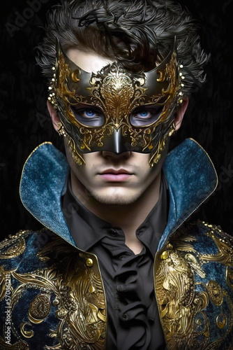Illustration of a man dressed with a Venetian mask and costume from seventeenth-century for a carnival party in Venice. Carnival elegant festive celebration background. Generative ai 