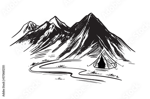 Mountain landscape, Camping in nature, sketch style, vector illustrations.  