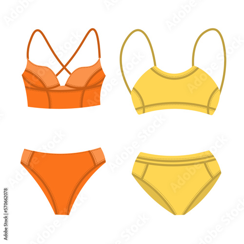 Minimalist sportive lingerie set. Summer time modern beachwear. Two-piece underwear collection.