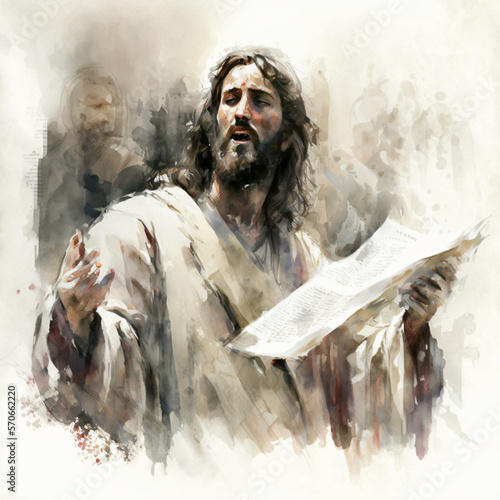 Jesus preaching to the people watercolor painting isolated on a white background Generative Ai photo