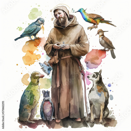 Obraz na płótnie Saint Francis of Assisi talking to animals watercolor painting isolated on a white background Generative Ai w salonie