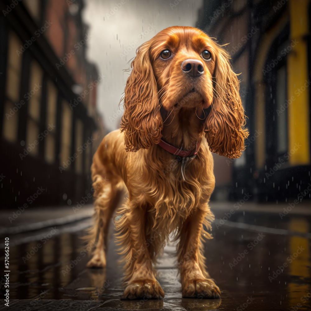 Dog in a rainy city