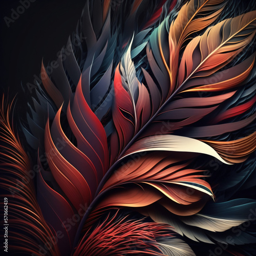 abstract background of a colorful feather. a colorful feather isolated on a black background. wallpaper of a colorful feather of different colors. Generative Ai