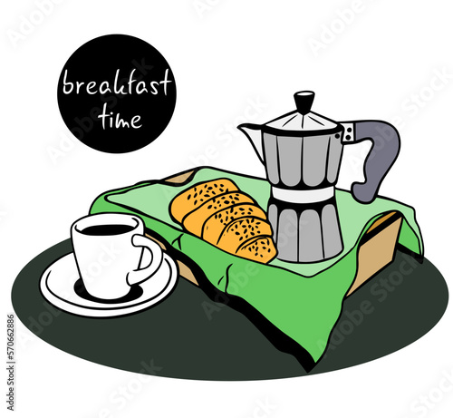 Breakfast time.  Good morning with cup of coffee. bread box with fresh bread, pastries with cup of hot coffee. Continental breakfast - coffee and croissant.