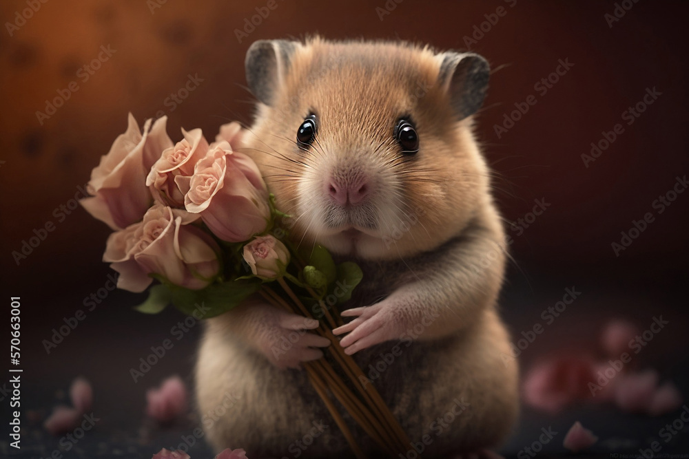 Cute hamster holding roses. Valentine's day concept Theme 3D render