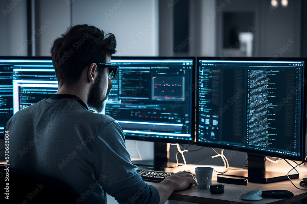 Male office worker browsing the internet on his computer in his workspace facing a virtual environment with big data and an artificial intelligence, computer Generative AI stock illustration
