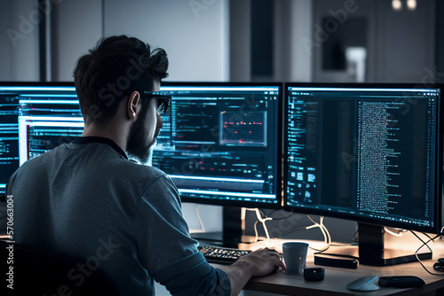 Male office worker browsing the internet on his computer in his workspace facing a virtual environment with big data and an artificial intelligence, computer Generative AI stock illustration