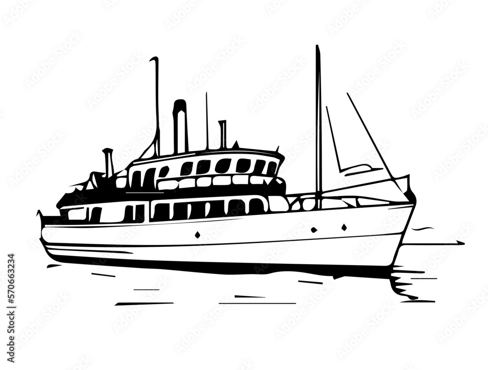 Fototapeta premium Cartoon cruise ship on white background for coloring. Vector illustration