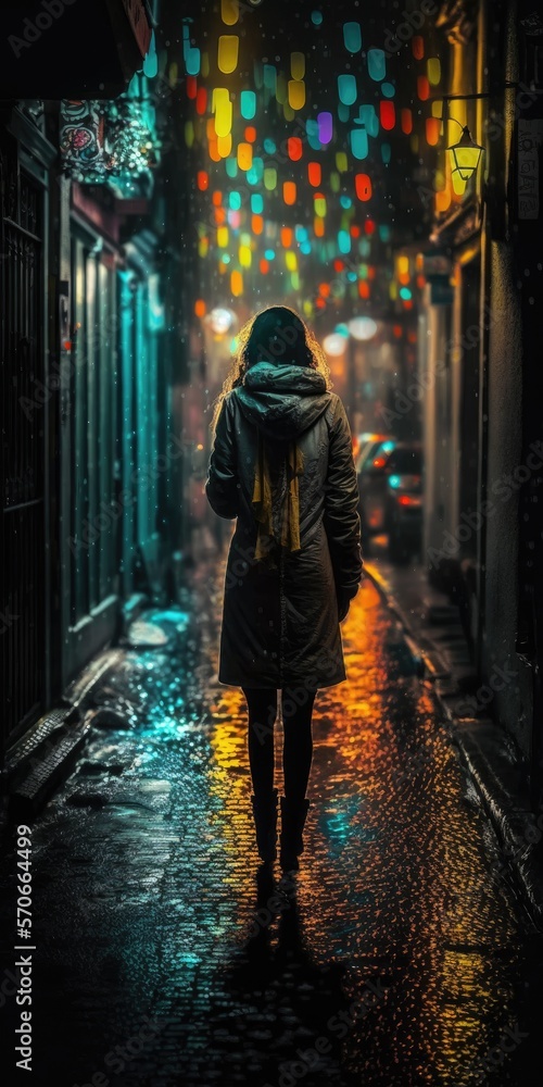 A girl on the colorful evening street.