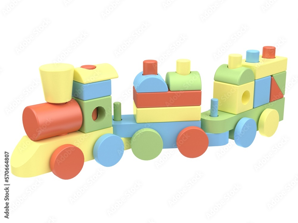 3d render of a children's toy train. Multi-colored train on a light background. 3d render. 3d render of a children's toy train. Multi-colored train on a light background. 3d render.
