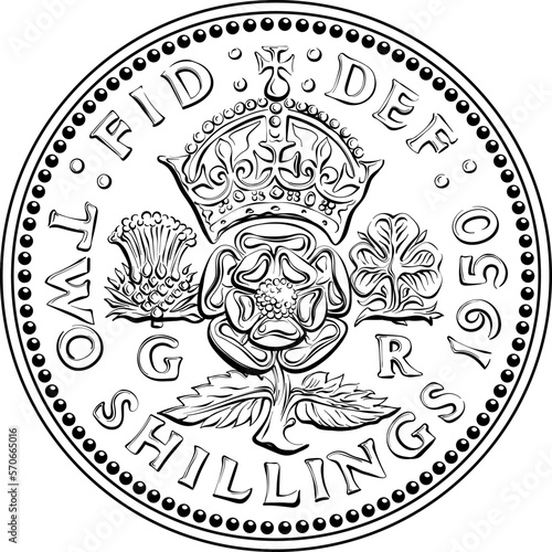 British money coin Two shillings, King George VI florin, reverse with crowned rose, thistle and shamrock, Black and white