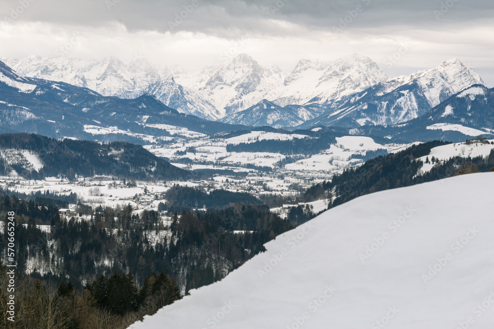 View from Rosenau to Windischgarsten with snowy alps
