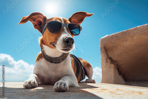 Jack russel terrier with fashion sunglasses traveling at the beach, photography, photorealistric, ultrawide angle lens, wide angle view generative ai © Eder DC