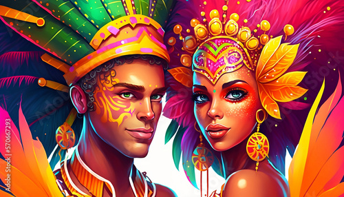Let's Shake Off Our Worries and Join the Carnival Celebration, A Vibrant Digital Illustration Featuring a Anime Couple in a Samba Costume and Dancing to the Beats. Digital Illustration. Generative ai