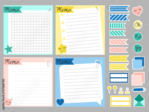 Set of template notes. Memos and stickers. Cute paper memo template. Notes, memo and to do lists used in a diary, home or office.