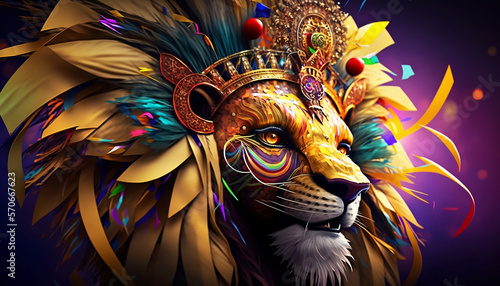 Let's Shake Off Our Worries and Join the Carnival Celebration, A Vibrant Digital Illustration Featuring a Lion in a Samba Costume and Dancing to the Beats. Digital Illustration. Generative ai © ShadowHero