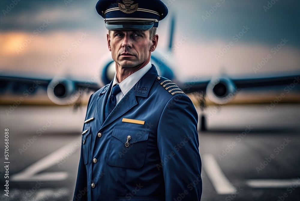 Close up portrait of an airliner pilot male wearing blue flight uniform and captain's cap on the blurred airport background. Generative AI Close up portrait of an airliner pilot male wearing blue flight uniform and captain's cap on the blurred airport background. Generative AI