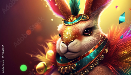 Let's Shake Off Our Worries and Join the Carnival Celebration, A Vibrant Digital Illustration Featuring a Rabbit in a Samba Costume and Dancing to the Beats. Digital Illustration. Generative ai