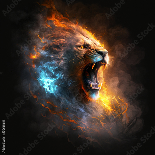 Fototapete roaring mighty fantasy lion with flames and glowing lights, generative ai