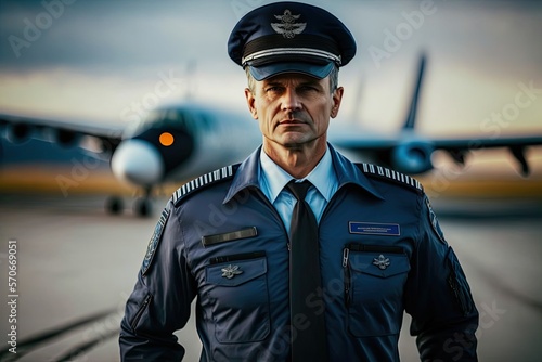 Close up portrait of an airliner pilot male wearing blue flight uniform and captain's cap on the blurred airport background. Generative AI