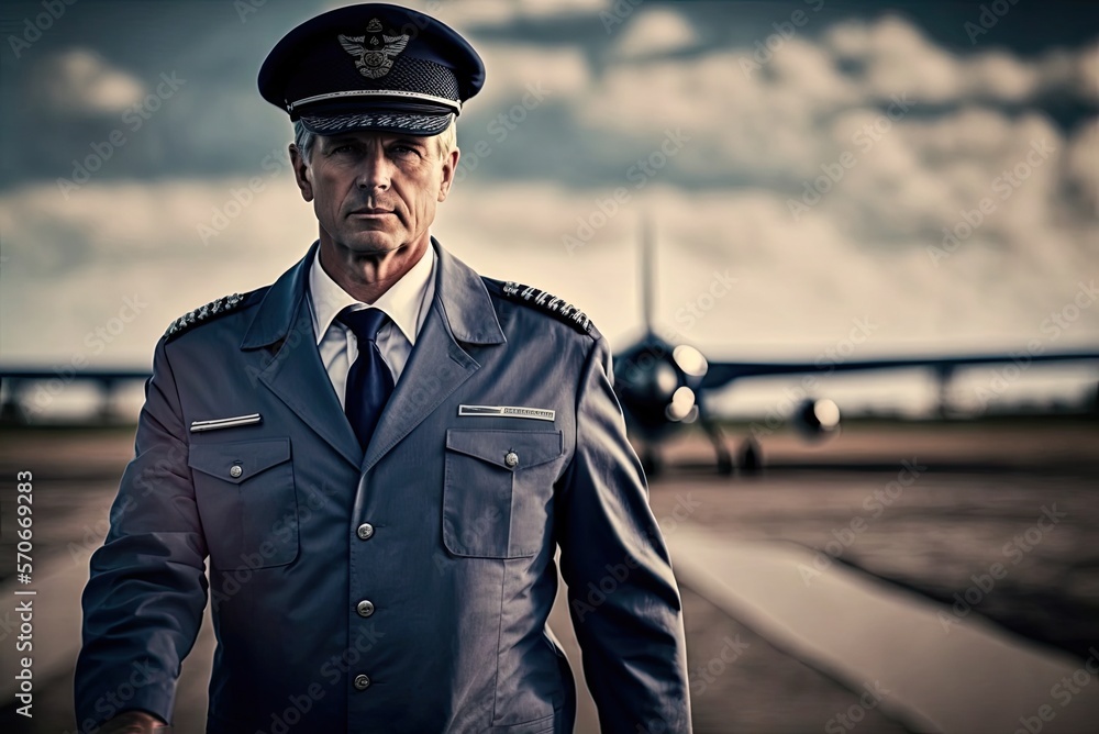 Close up portrait of an airliner pilot male wearing blue flight uniform and captain's cap on the blurred airport background. Generative AI Close up portrait of an airliner pilot male wearing blue flight uniform and captain's cap on the blurred airport background. Generative AI